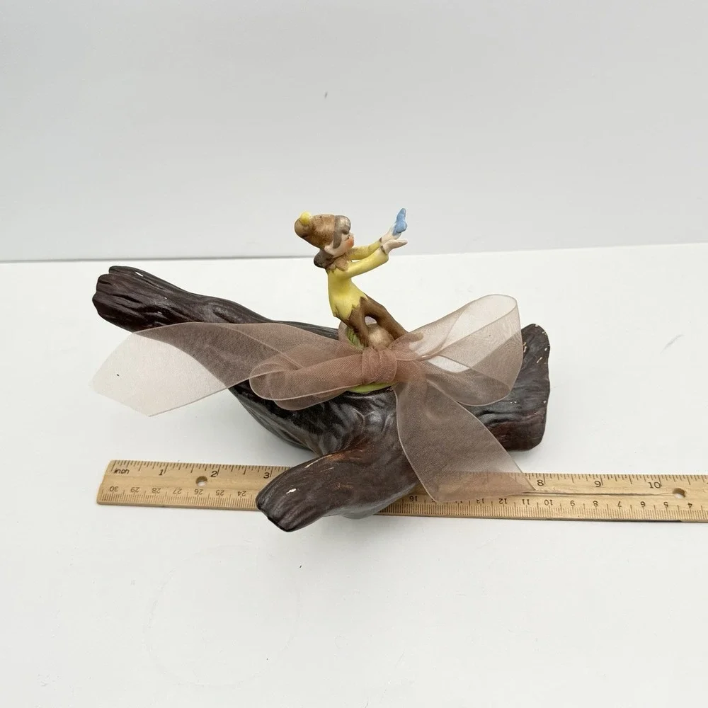 Vtg 50s Ceramic Girl Garden Pixie Elf On Log w/ Butterfly Kitschy Mid Century